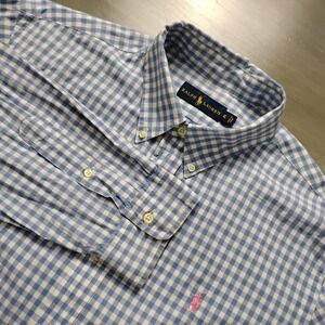 Ralph Lauren Shirt Men's XL Blue White Gingham Long Sleeve Pink Pony Cotton